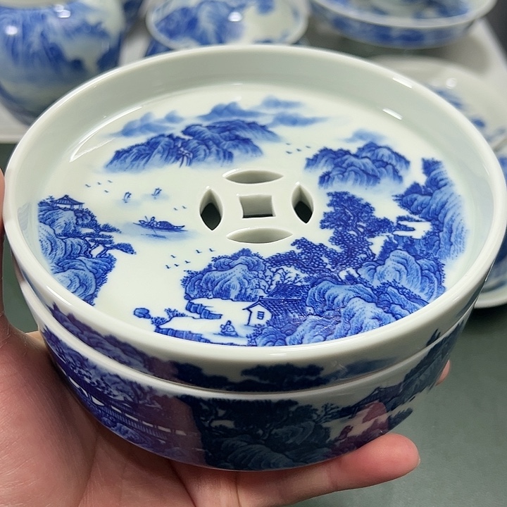 微瑕柴窑工笔山水茶盘
