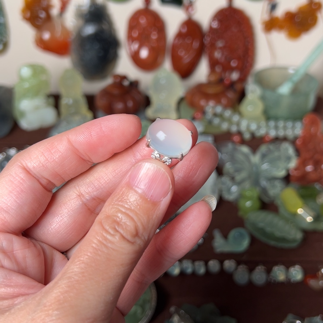 蛇纹石玉戒指银S925镶嵌天*-