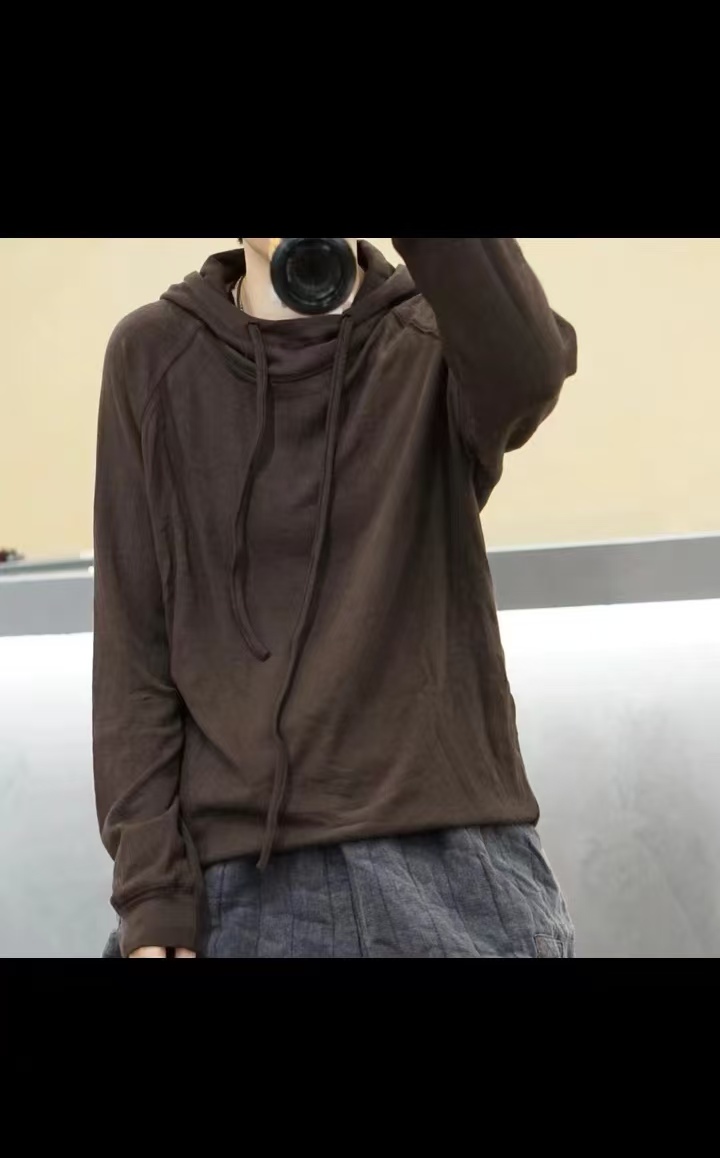 玉莉分享带帽休闲长袖体恤连帽打底衫纯色抽绳