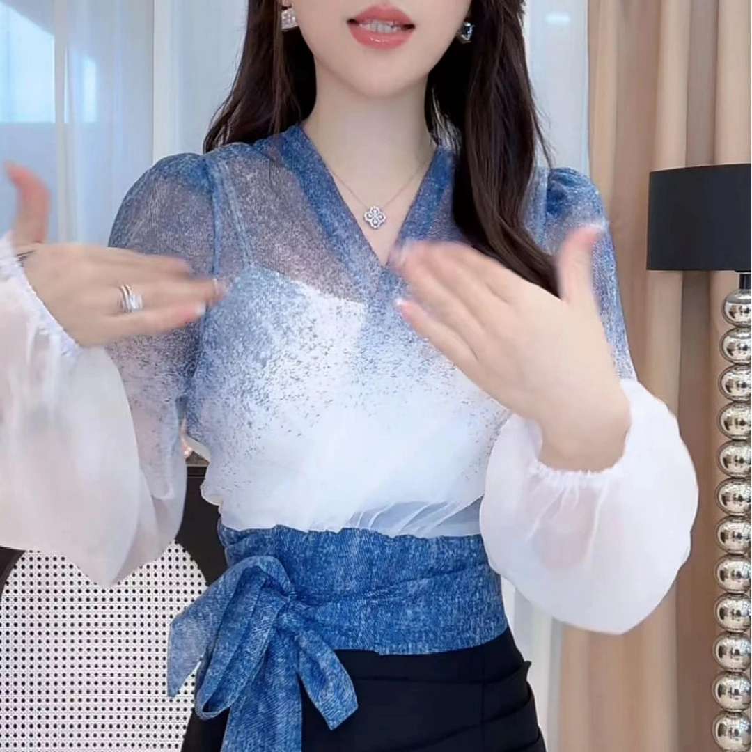 法式小众设计感一片式长袖衬衫2025夏新款气质显瘦渐变色上衣