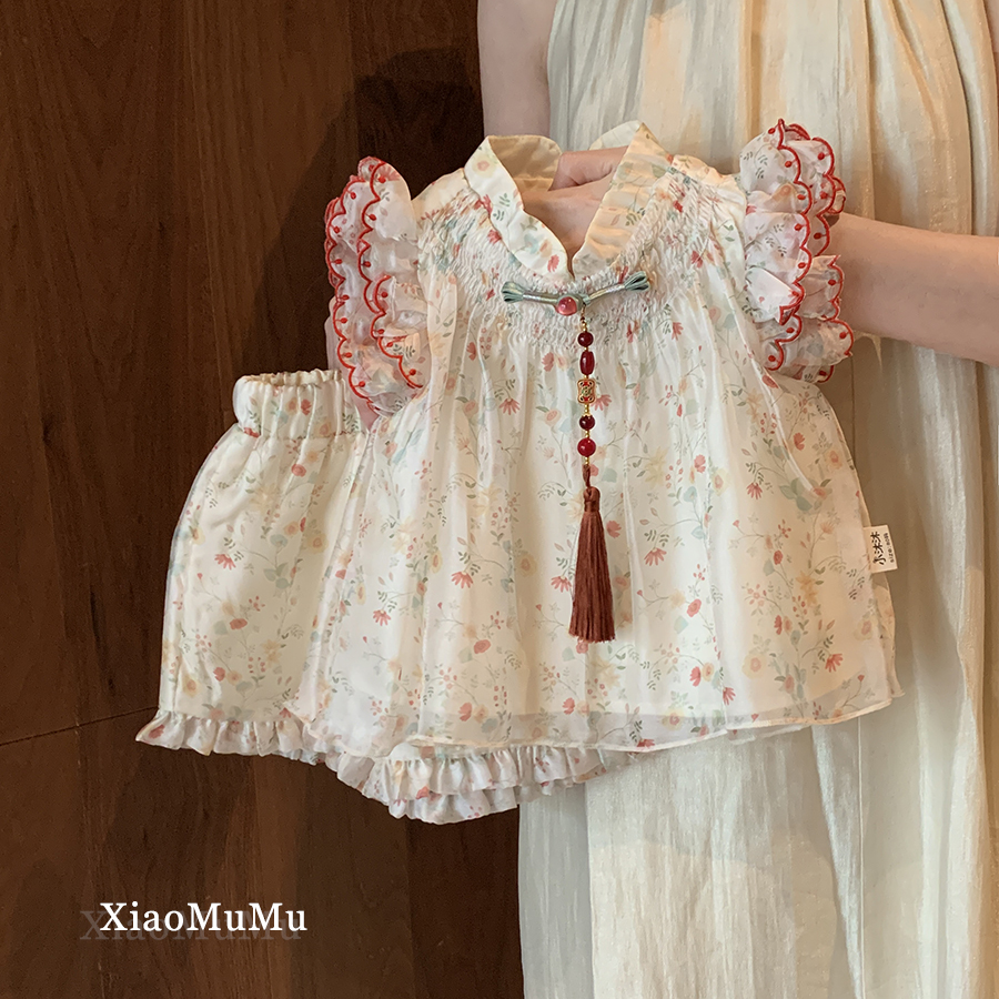 【现货】女童国风套装夏装2025新款小童女宝宝洋气短裤背心两件套