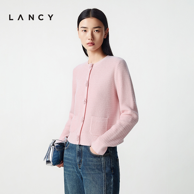 【纯羊毛】LANCY/朗姿2025冬新款小香风针织开衫女秋华夫格短上衣