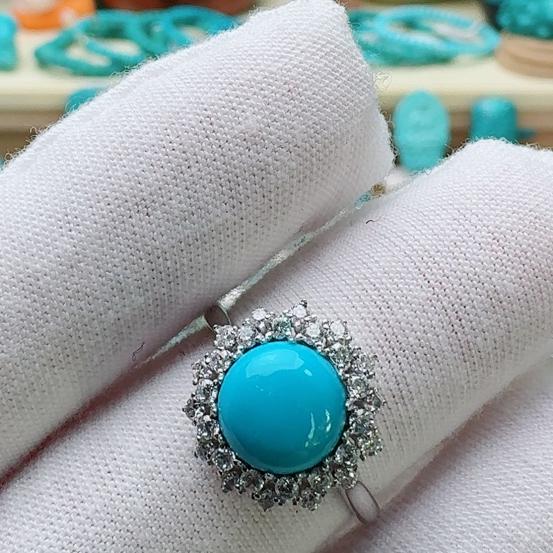 绿松石银S925镶嵌高瓷蓝精美女戒