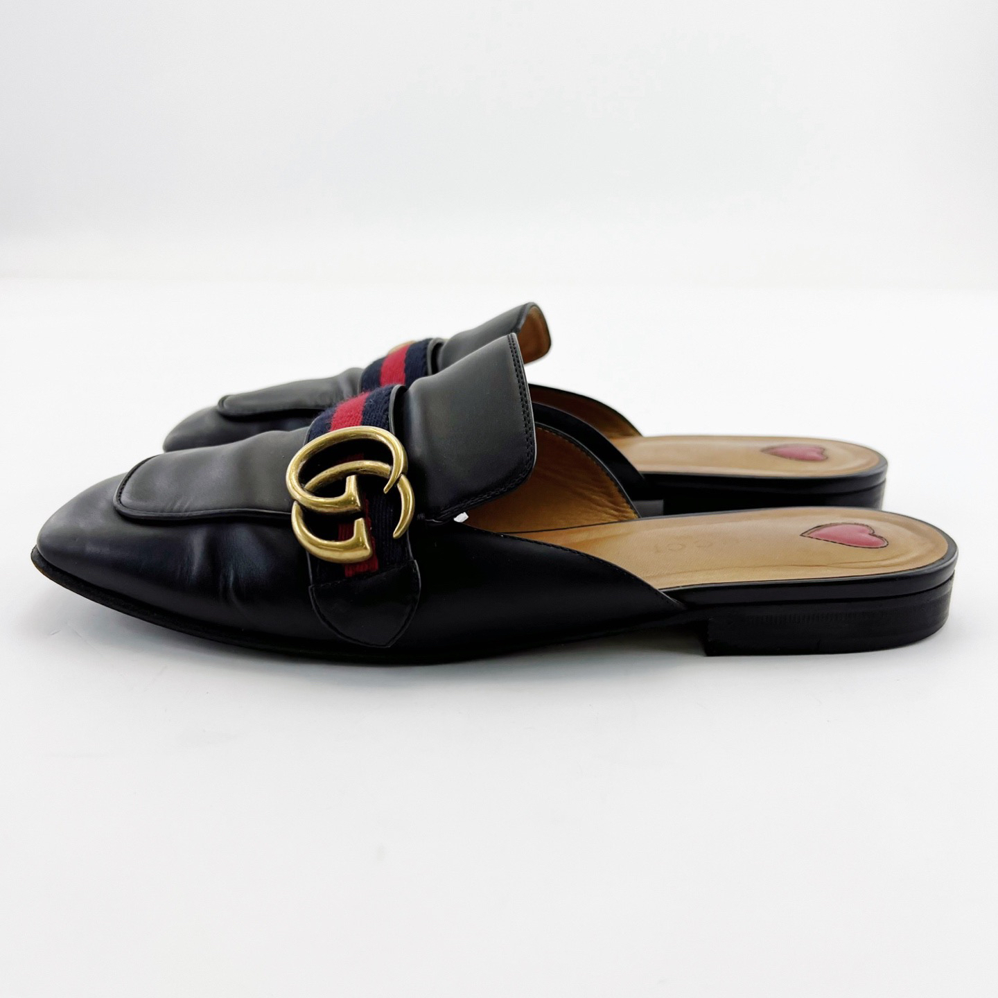 95新 GUCCI/古驰 37码/黑色条纹金色logo包头穆勒鞋/17225762