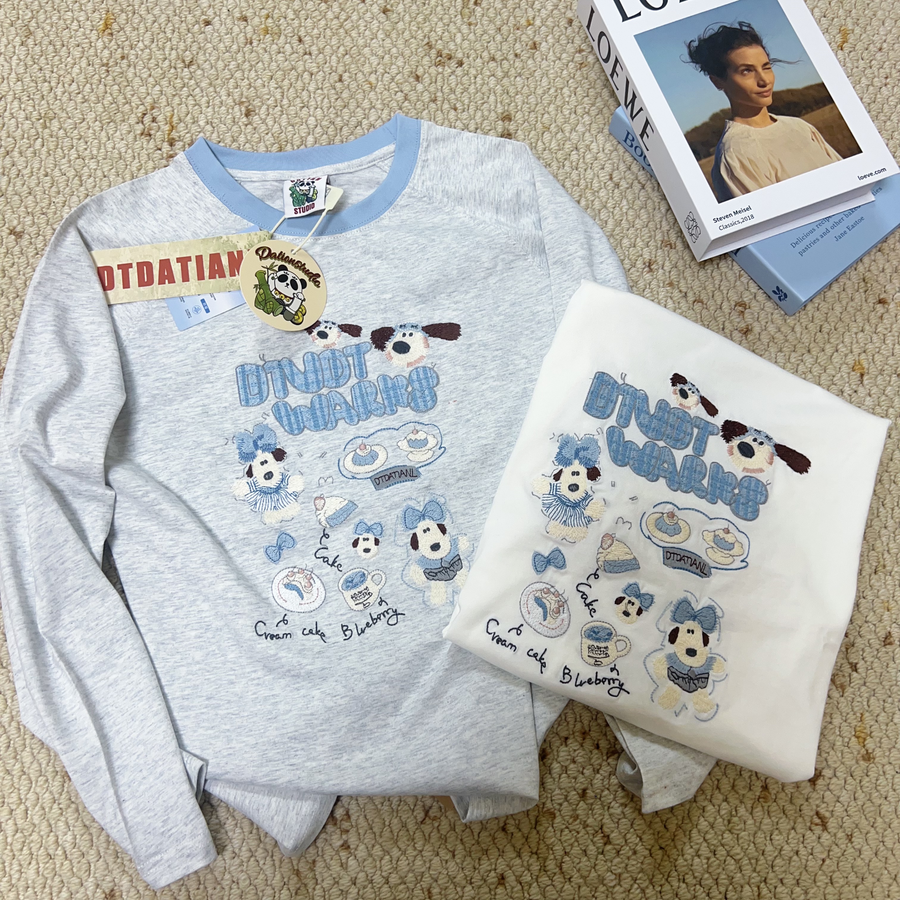 3654#「DT」掌门狗插肩袖女刺绣韩版休闲百搭圆领长袖打底T恤