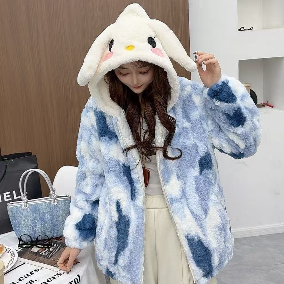 808区933蓝色连帽厚款棉服衣长保暖