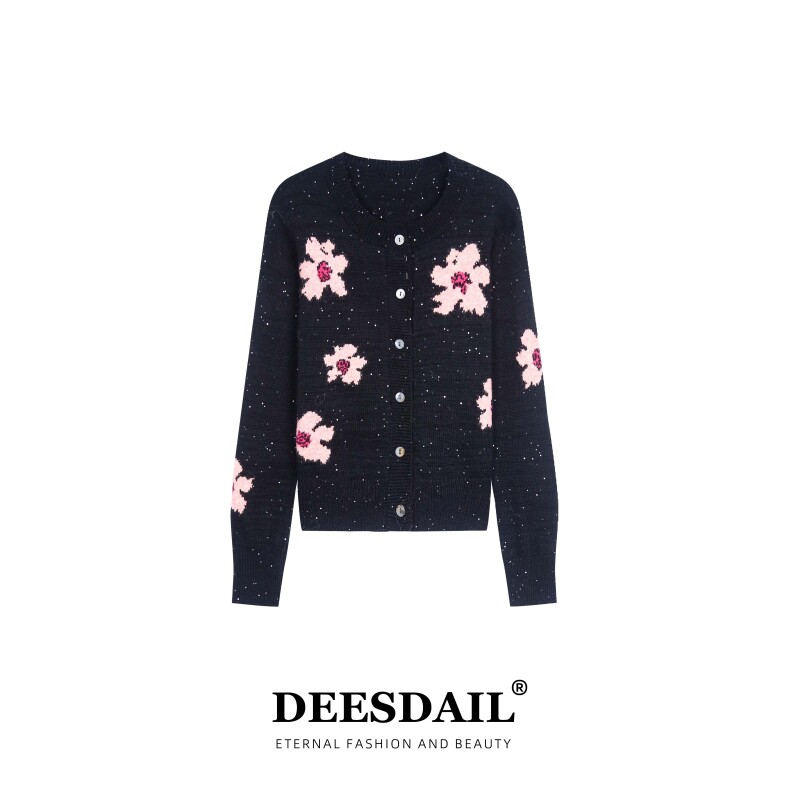 DEESDAIL冬季提花圆领亮片毛衣显瘦小众宽松百搭针织衫女A382