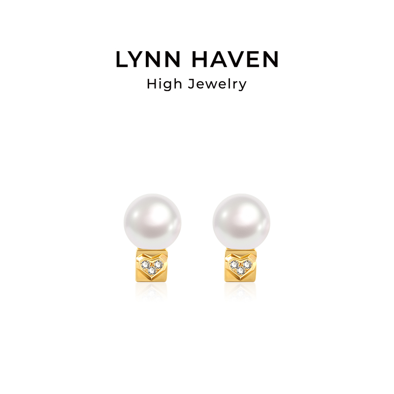 LYNNHAVEN麟玟【心动】Akoya海水珍珠耳钉18K金钻石耳环女爱心耳饰