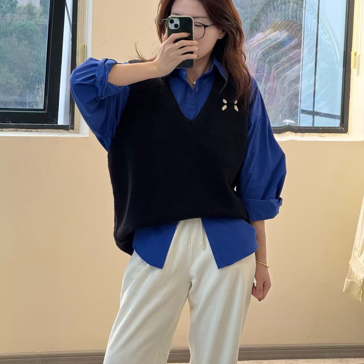 春季四季通用中长款厚款V领马夹宽松叠穿拼接针织衫