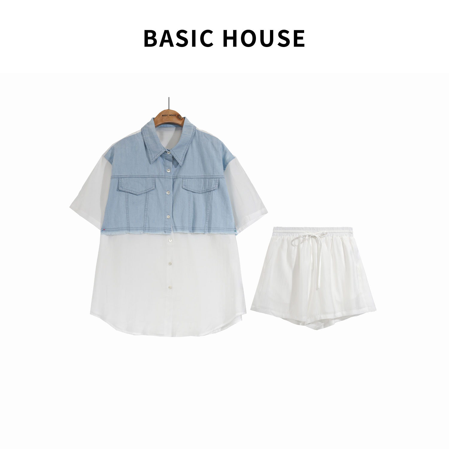 Basic House/百家好Z韩版复古百搭宽松牛仔衬衫短裤套装P722