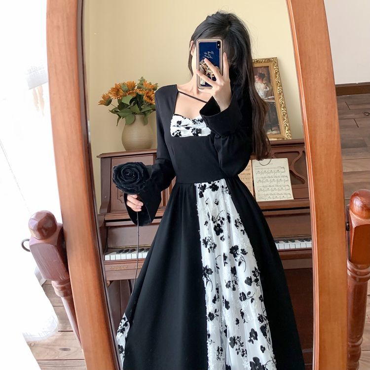 遮肚子不规则赫本风长裙女春秋季胖微妹妹长袖国风显瘦拼接连衣裙