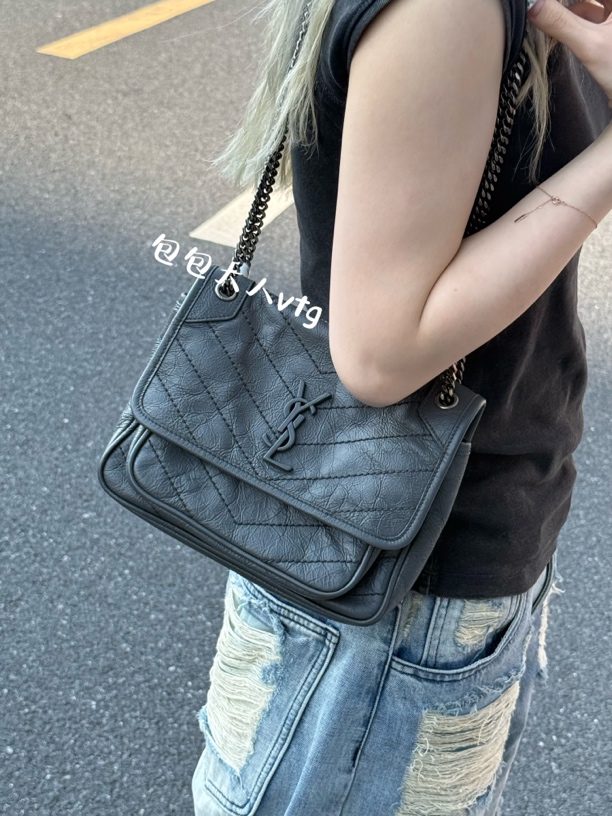 99新 YSL/圣罗兰 锡器灰小号niki单肩包