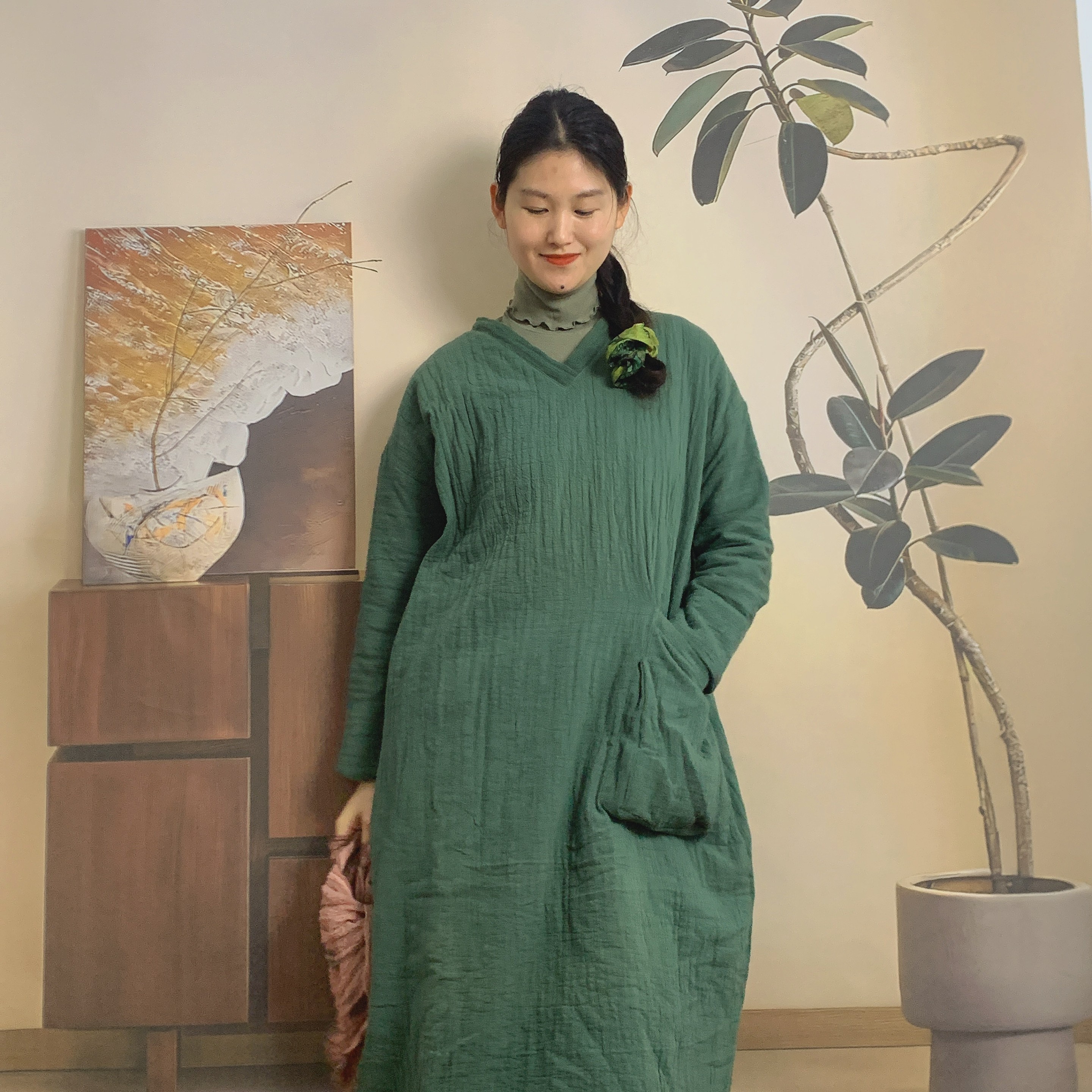 <清仓>砂洗双层竹节棉袍复古女长款棉袄冬季棉衣 不退不换