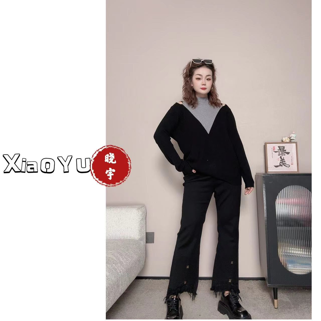 【No退换】瑕疵品 定制【拼色漏肩羊绒针织衫】XY 682