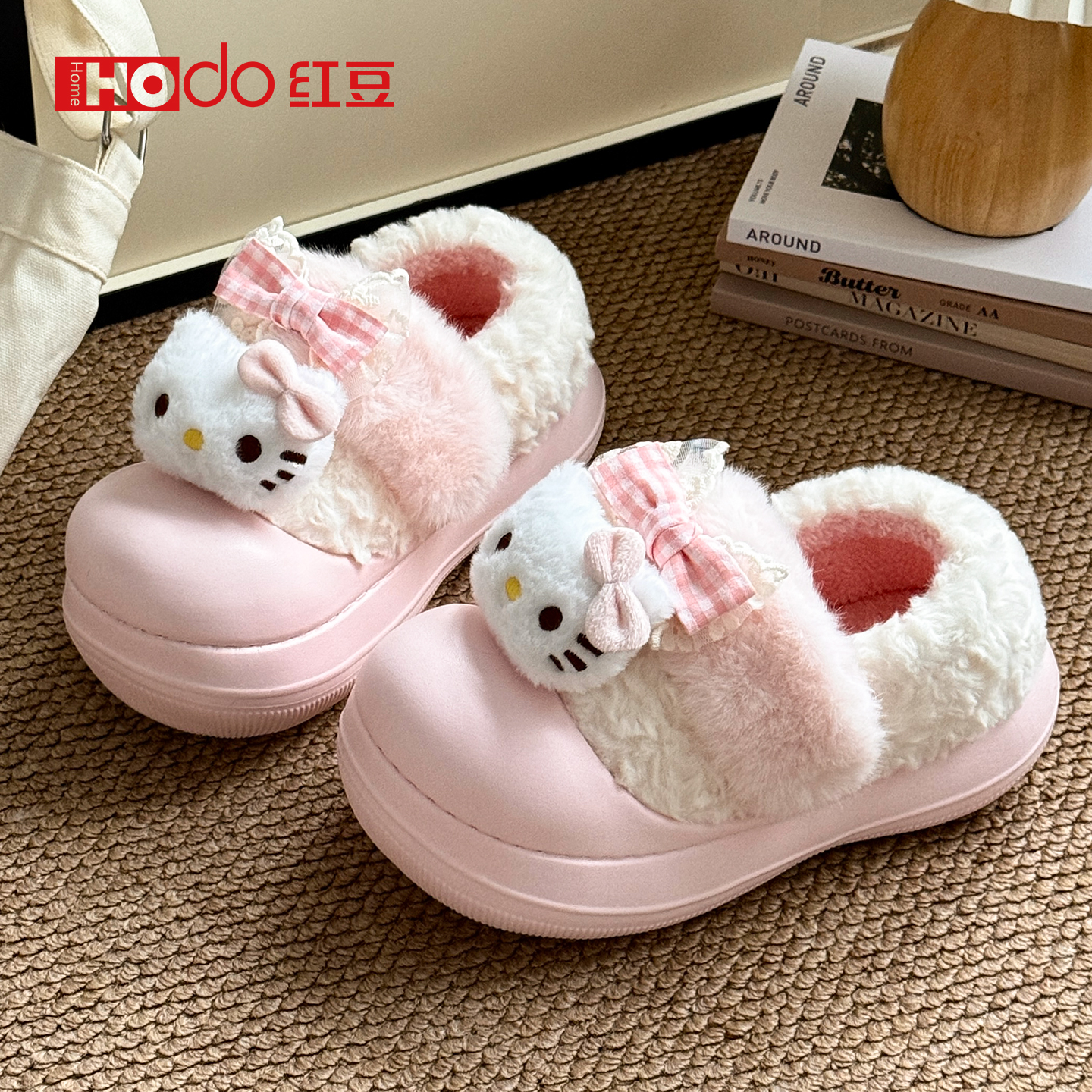 红豆HelloKitty猫棉拖鞋女冬季室内加厚毛绒保暖学生宿舍包跟棉鞋