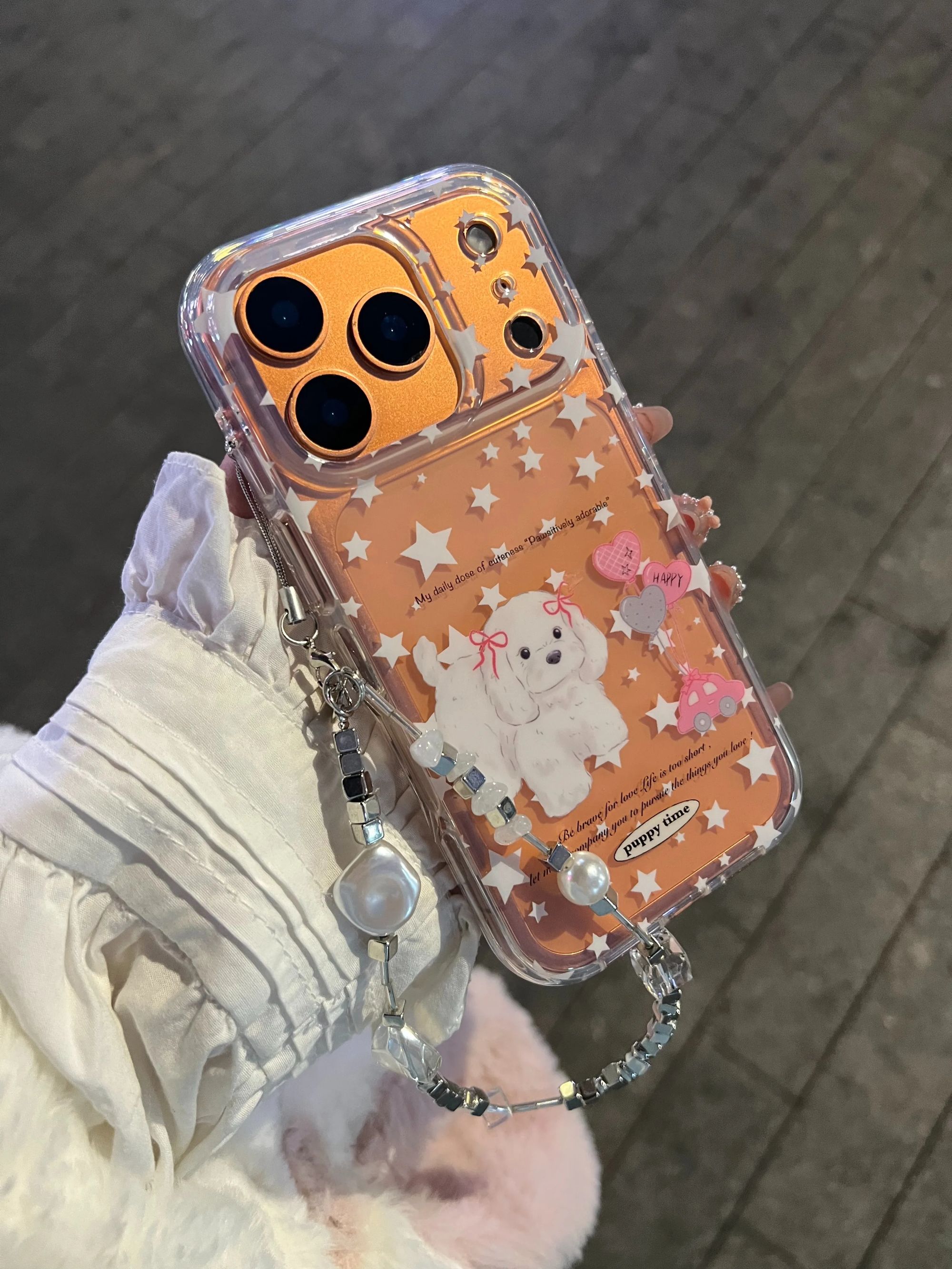 白色星星小狗链条适用苹果17promax手机壳iPhone16pro/15透明14女