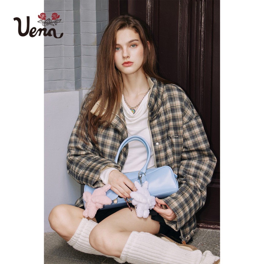 【沐雪凛冬】Uena卡其色格纹宽松落肩袖立领羽绒服面包服厚外套女