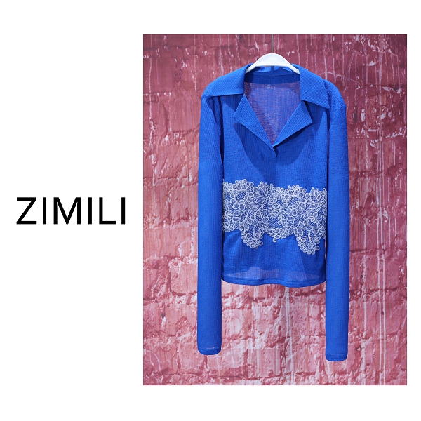 【亮哥女装】夏季欧货设计师宝蓝色蕾丝贴布绣POLO领时尚爽肤衣9028