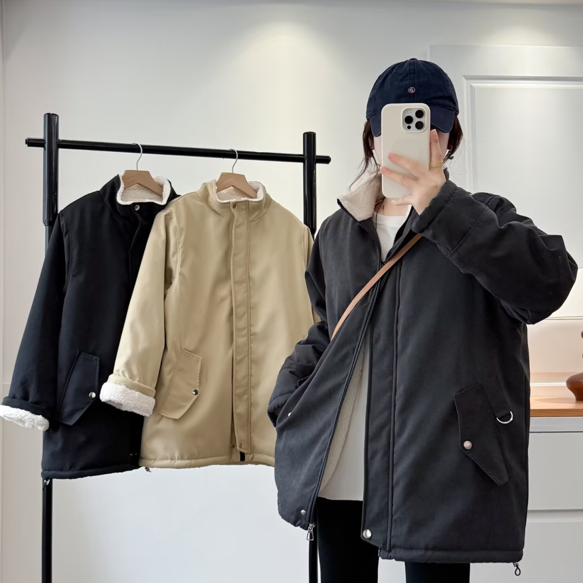 微胖大码女装冬季新款大码立领加绒宽松中长款工装风棉服加厚外套