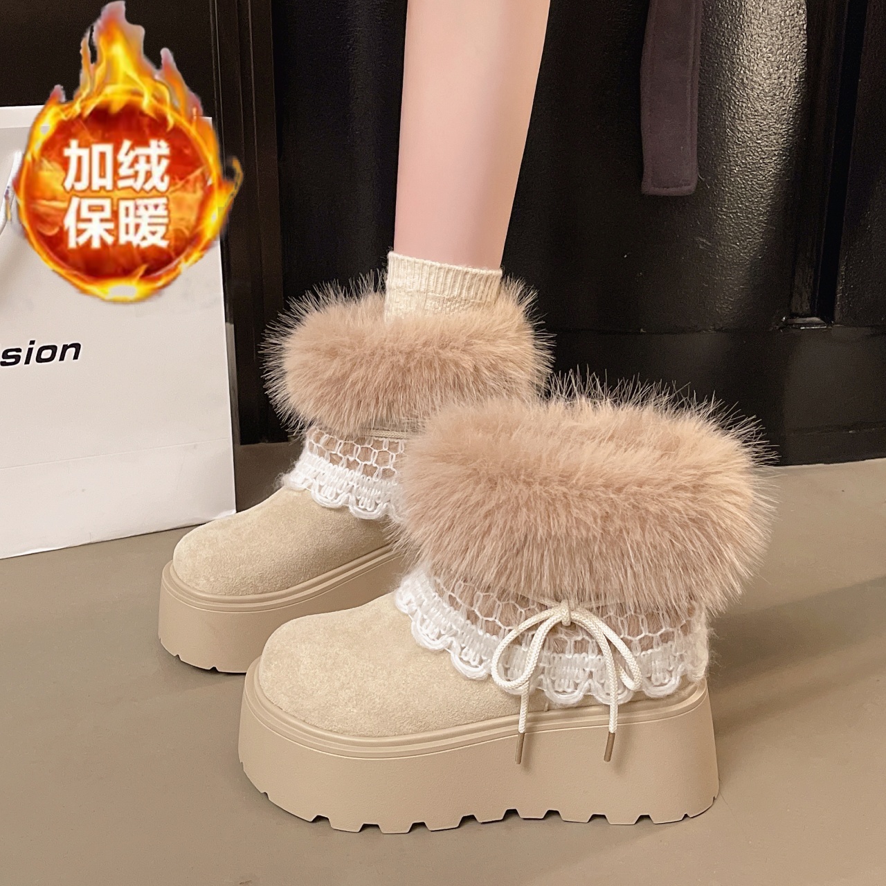 复古白色厚底加绒加厚雪地靴女款2025新款冬季保暖毛毛勃肯棉鞋子