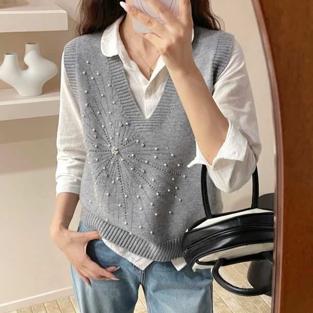 重工烫钻设计感马夹女V领针织秋冬百搭打底气质钉珠马甲上衣