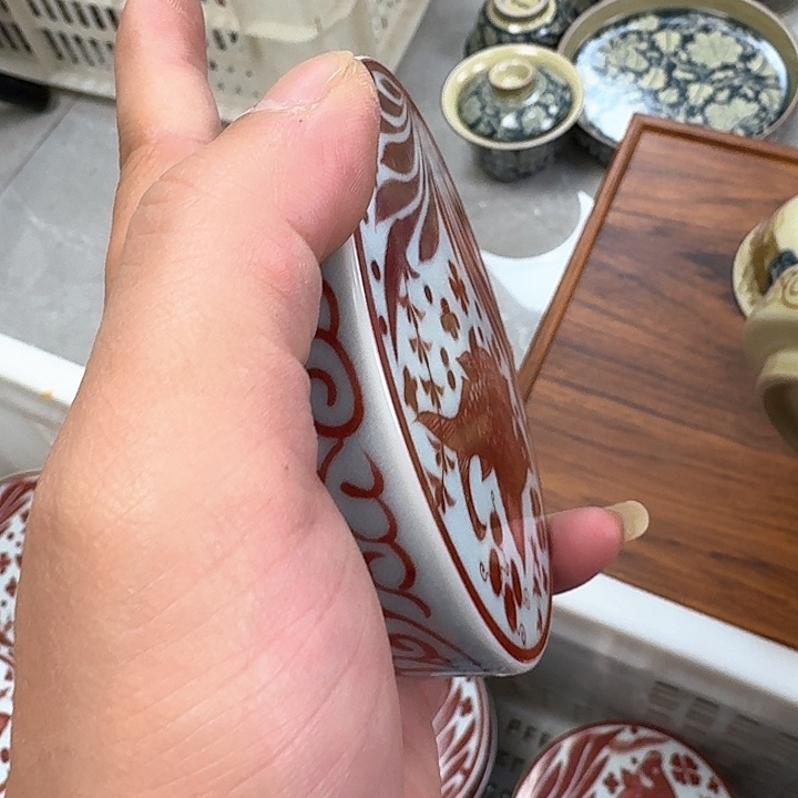 瓷片釉里红鱼藻盖置景德镇