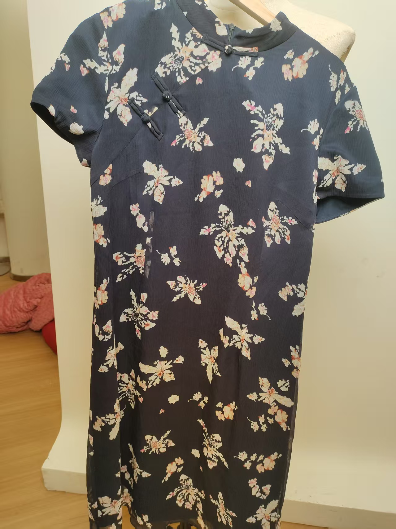 CHEN HENG单旗袍斜襟中国风时尚旗袍蓝色花卉图案女士碎花长裙