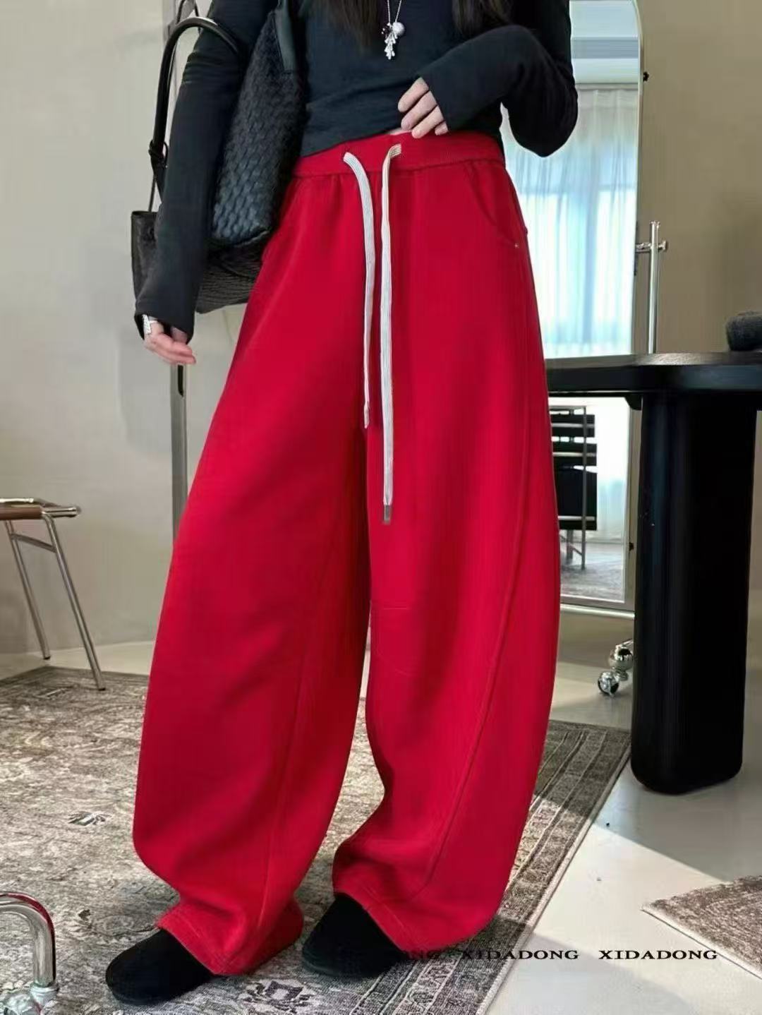 加绒加厚冬季宽松舒适女弯刀裤新款保暖休闲百搭高腰宽松显瘦长裤