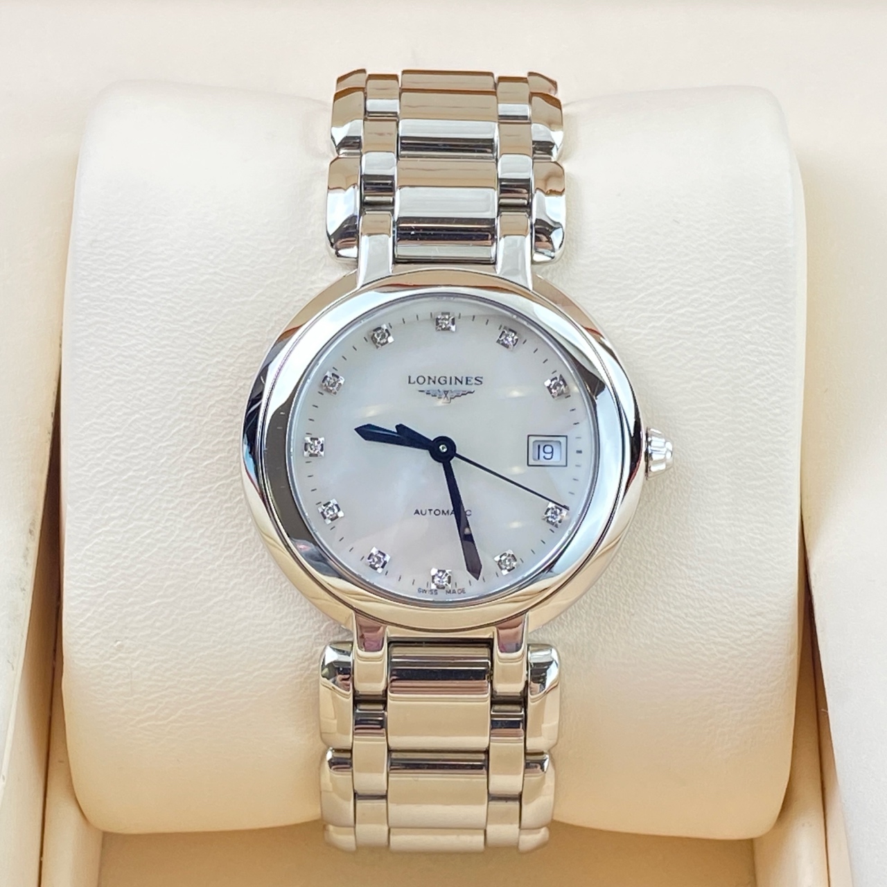 99新 Longines/浪琴 浪琴心月 自动机械女表 30mm 钻刻 白贝表盘