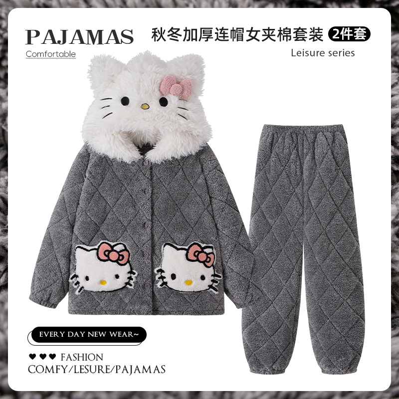 冬季2025年三层夹棉睡衣女加厚保暖卡通Kitty猫可外穿家居服套装