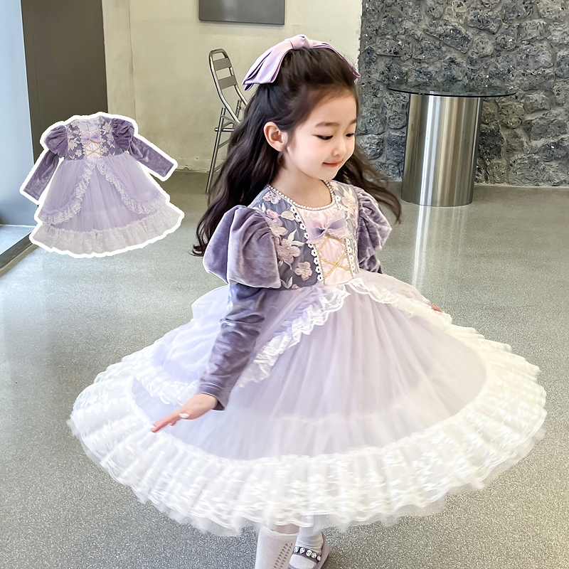 【春秋款】女童连衣裙春装新款丝绒网纱裙公主裙小女孩裙子HY24044