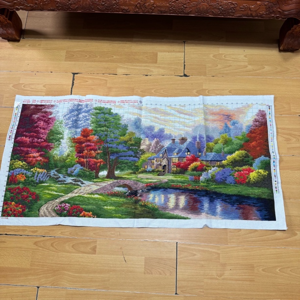纯手工十字绣成品人工绣好的图流光溢彩山水风景图123乘60客厅画