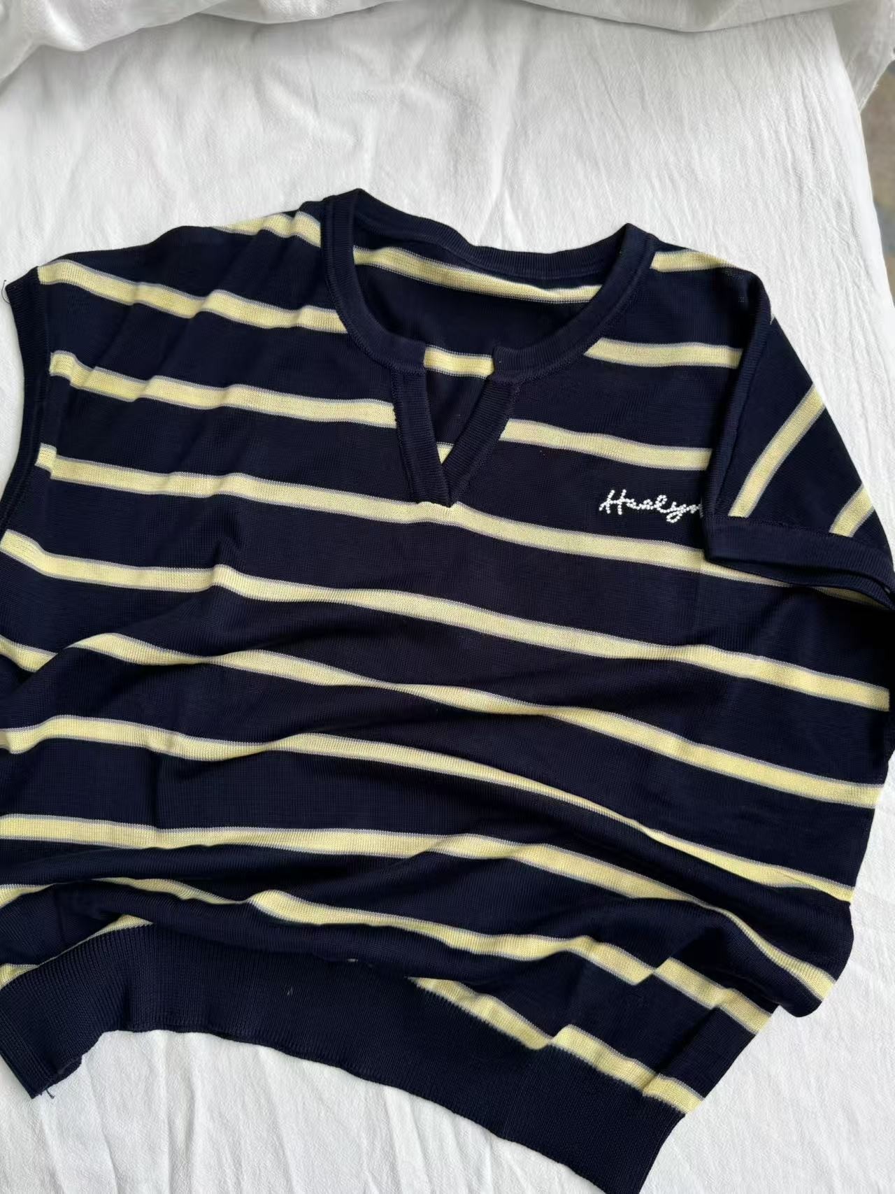 【欧琲】F-290#气质圆领小V领撞色条纹飞袖