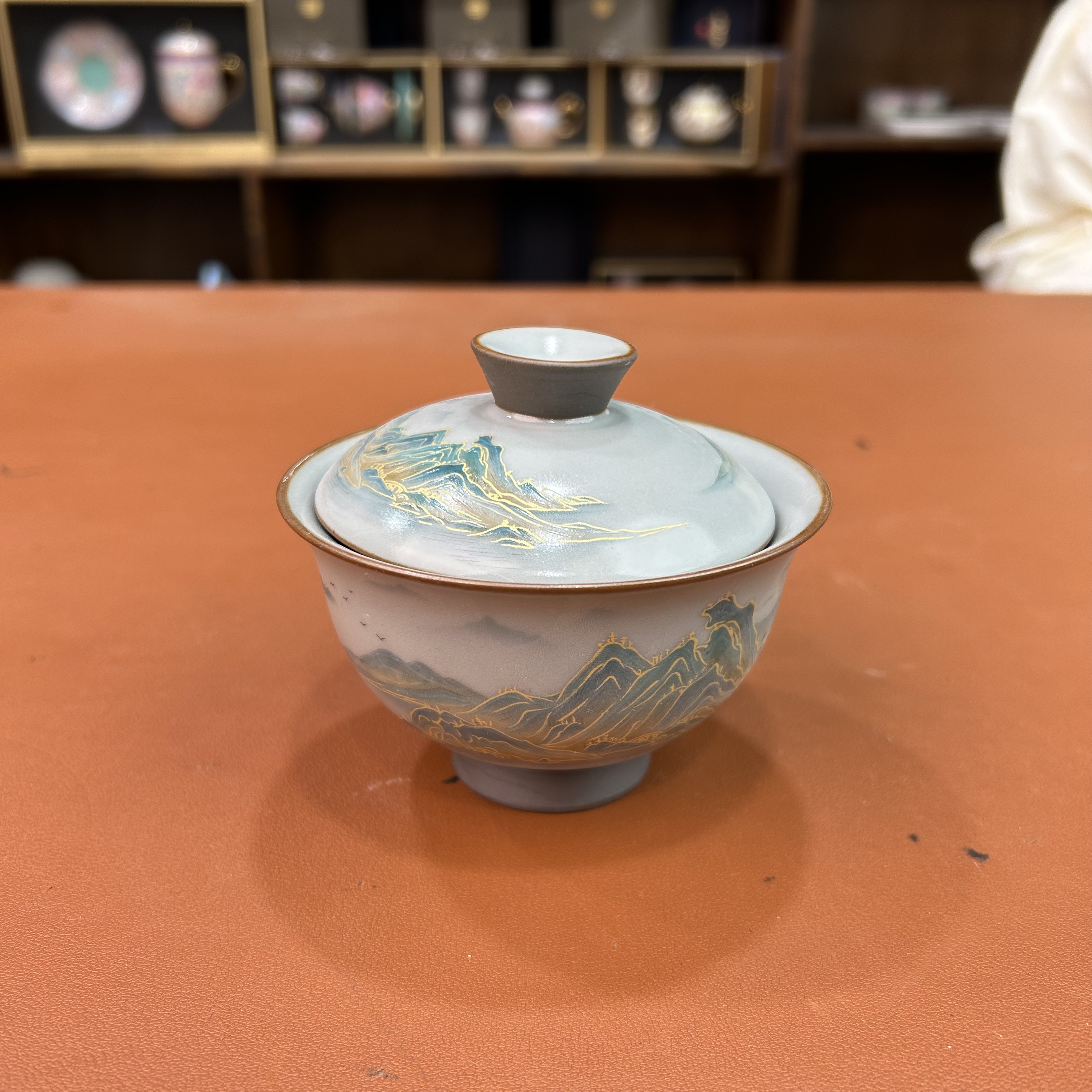 F693-千里江山元宝二才盖碗