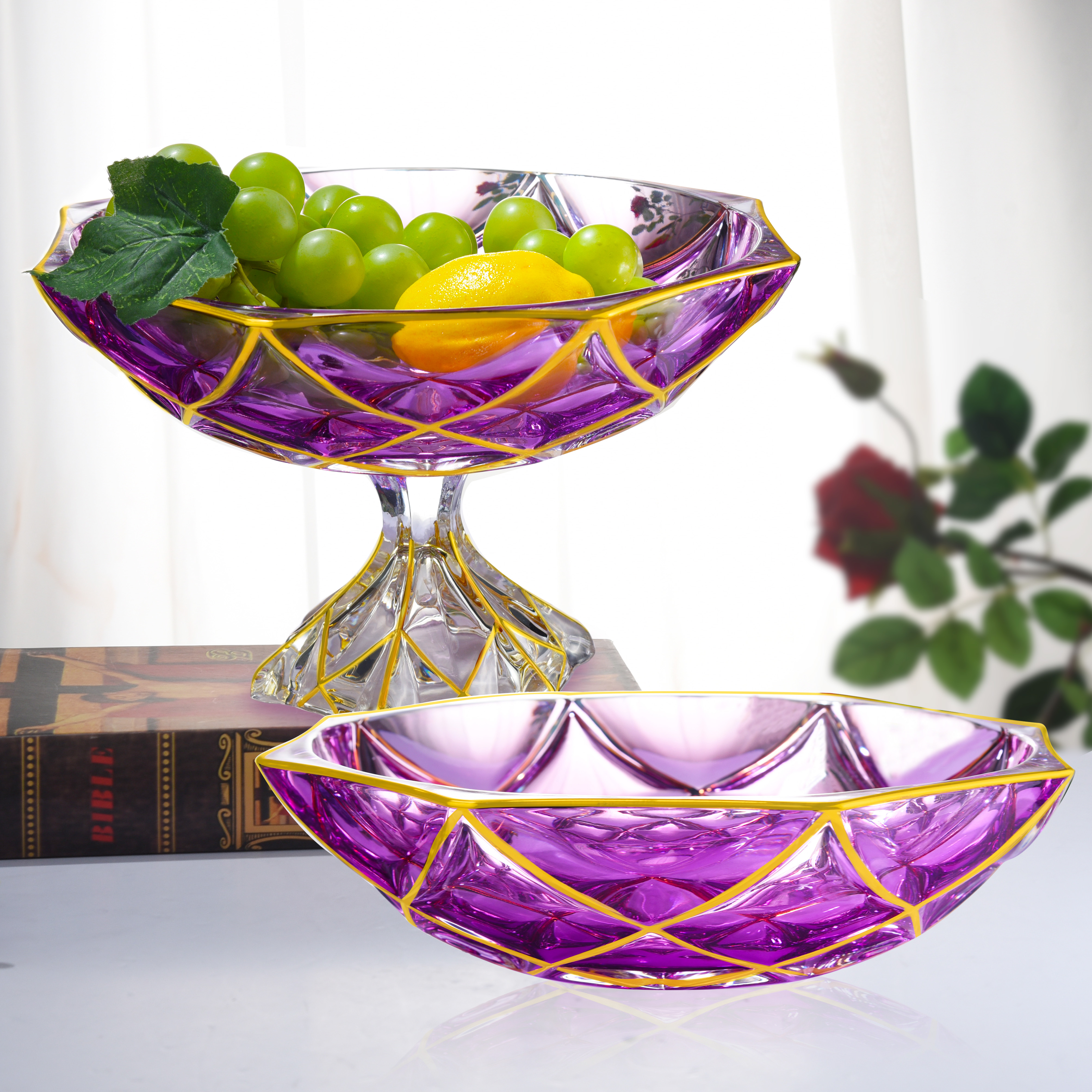 【金像】流金紫梦系列  菱格彩窗果盘果斗时尚 D330大号琉璃果盘