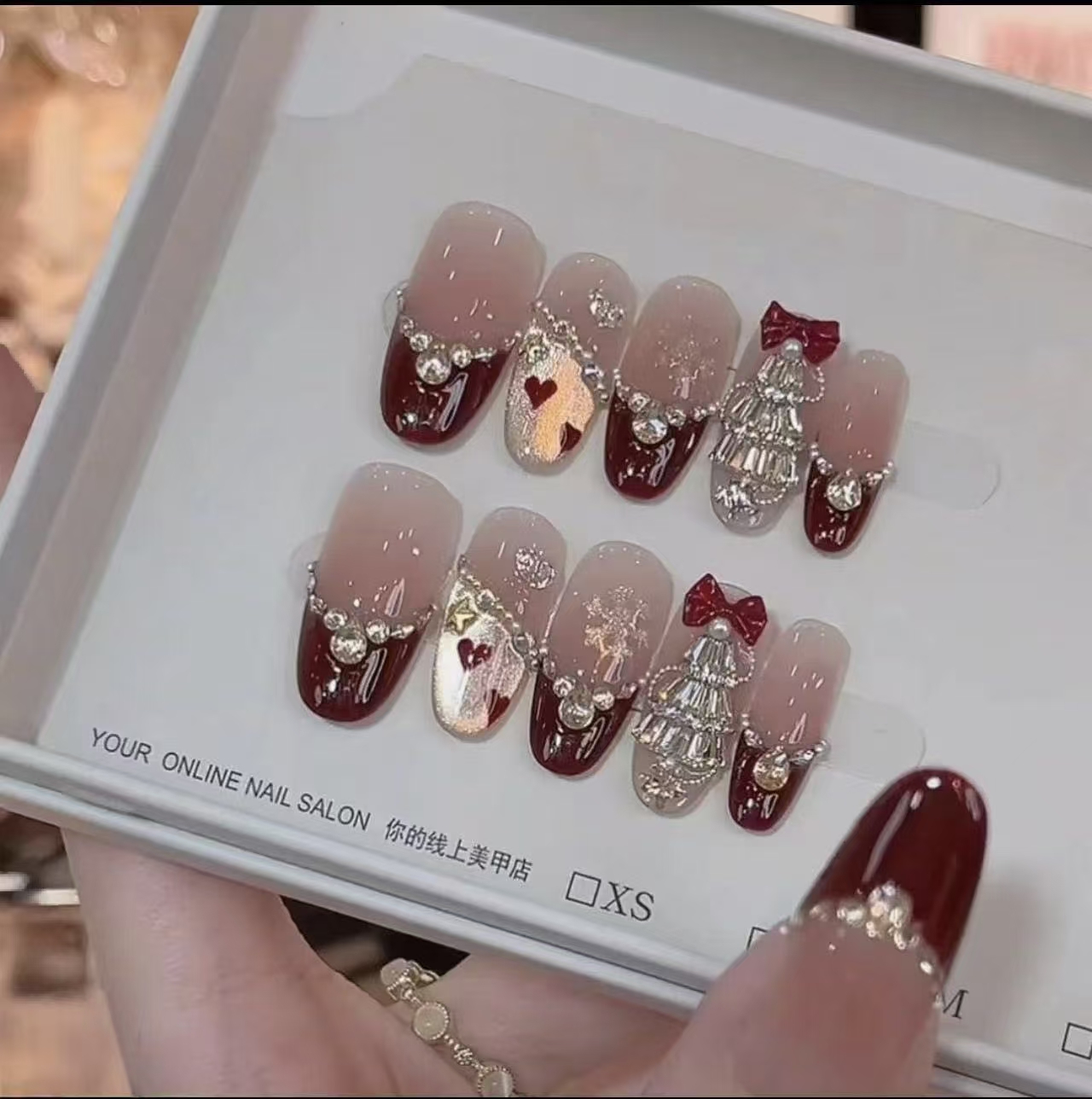 【圣诞鎏金】秋冬新款圣诞法式千金手工穿戴甲中长款裸色猫眼美甲