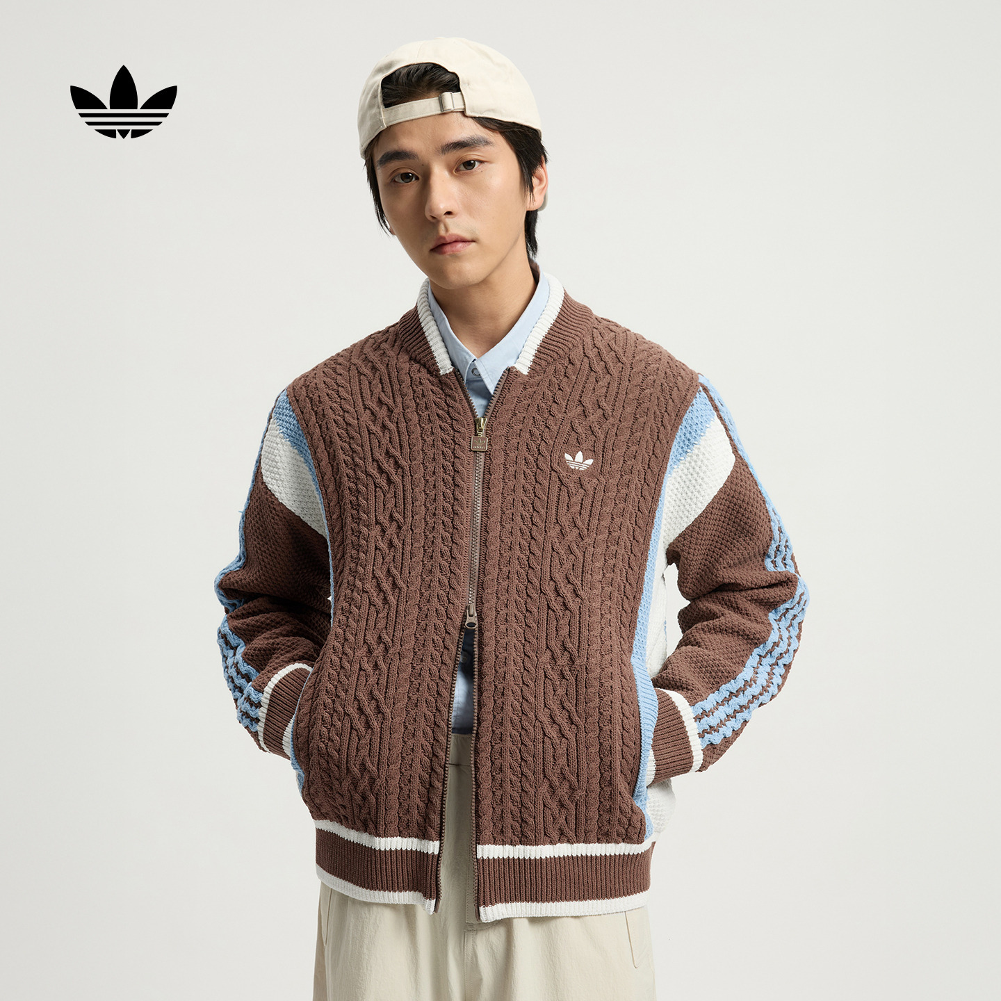 阿迪达斯三叶草 复古棒球风宽松撞色运动针织衫男款adidas KS5963