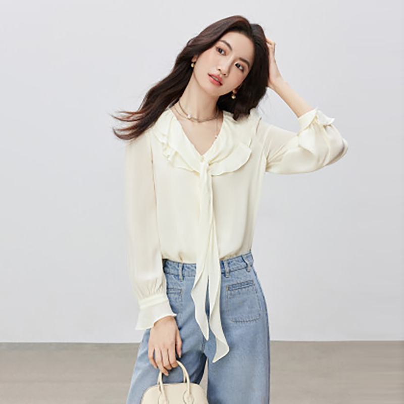 【朗文斯汀 旗舰同步】温柔荷叶边气质飘带衬衫2025春装三标齐全