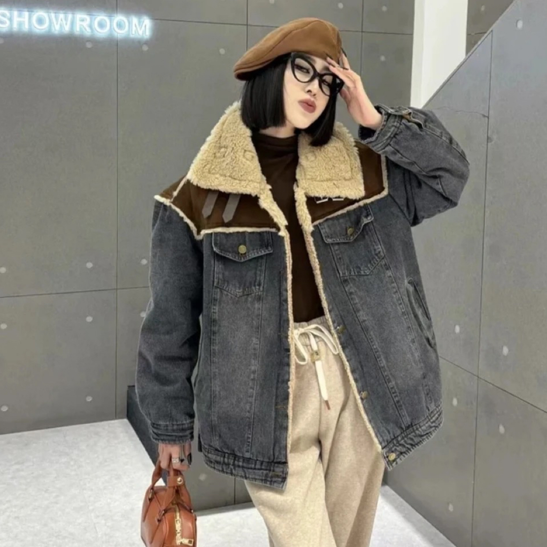 羊羔绒加绒加厚牛仔外套女秋冬季新款美式复古高级感工装棉衣棉服