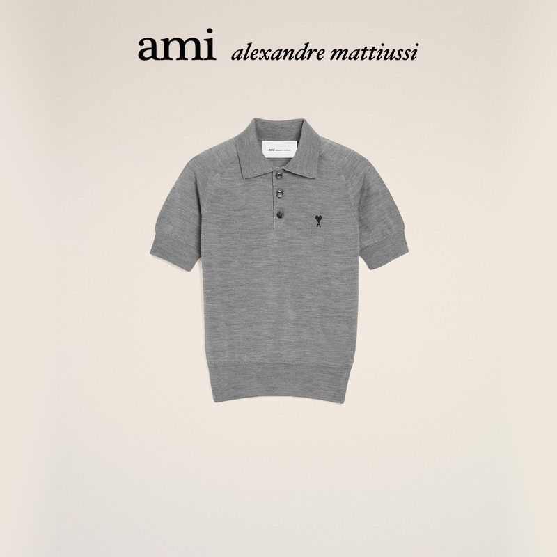 【早春新品】Ami Paris 女士美利奴羊毛撞色ADC爱心针织短袖POLO