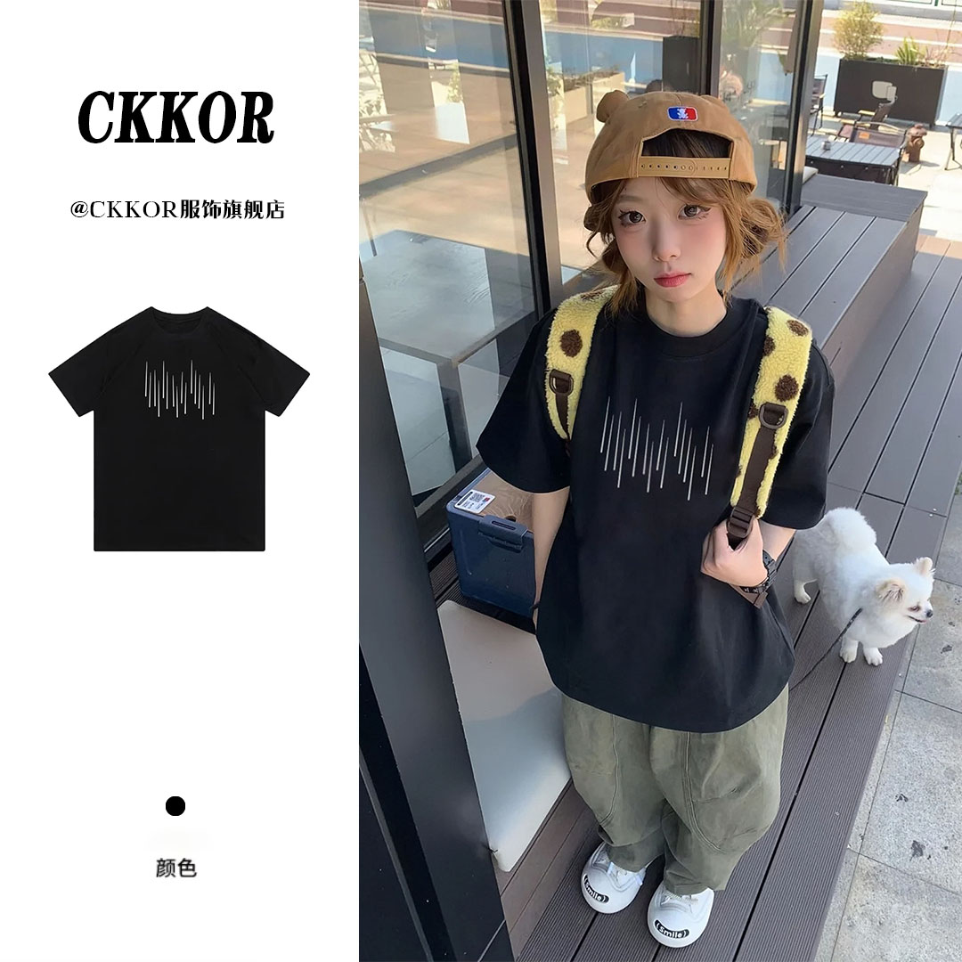 CKKOR夏季新款休闲学生短袖t恤女美式高街设计感穿搭宽松圆领上衣