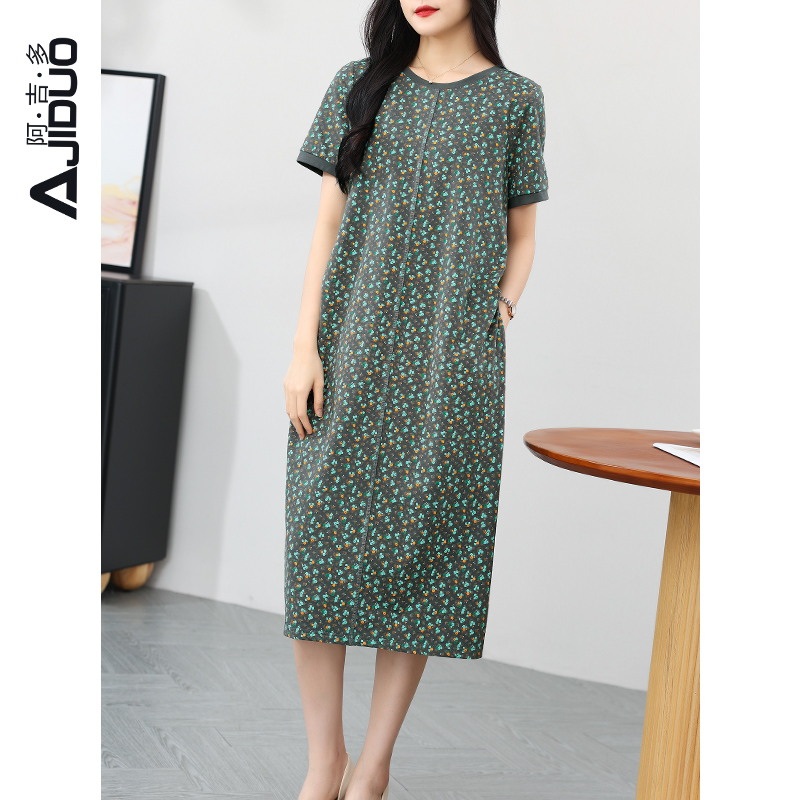 阿吉多大码女装夏季碎花连衣裙女垂感显瘦妈妈款休闲T恤裙子夏