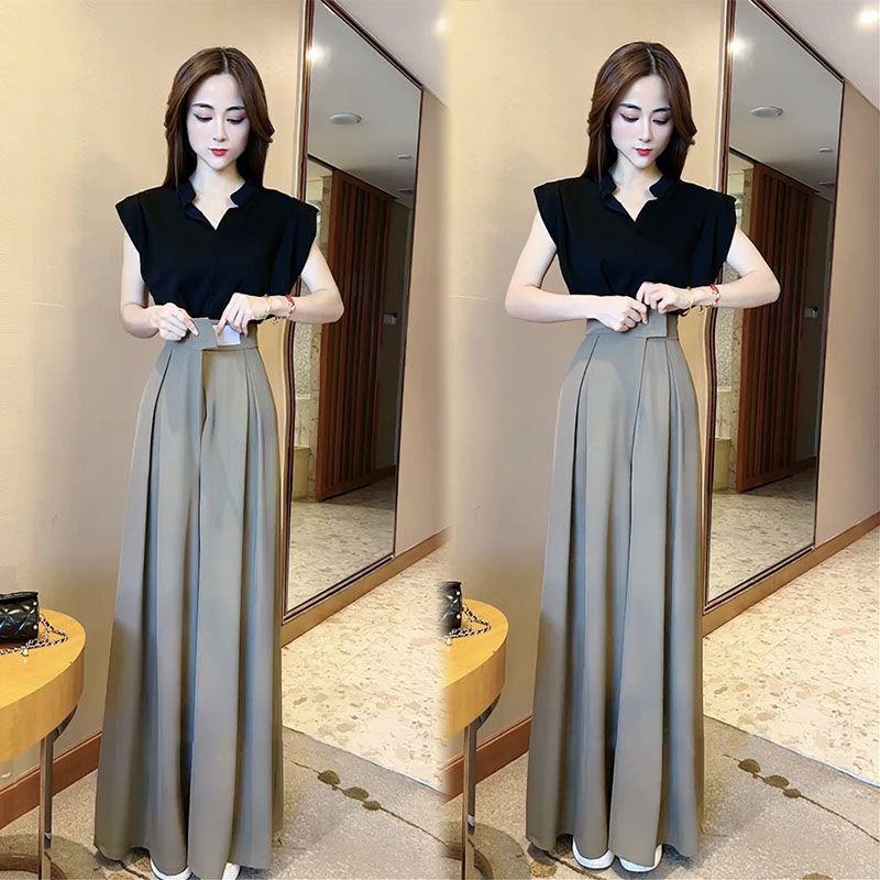 夏季套装2025新款女休闲网红炸街减龄无袖上衣百褶阔腿裤裙两件套