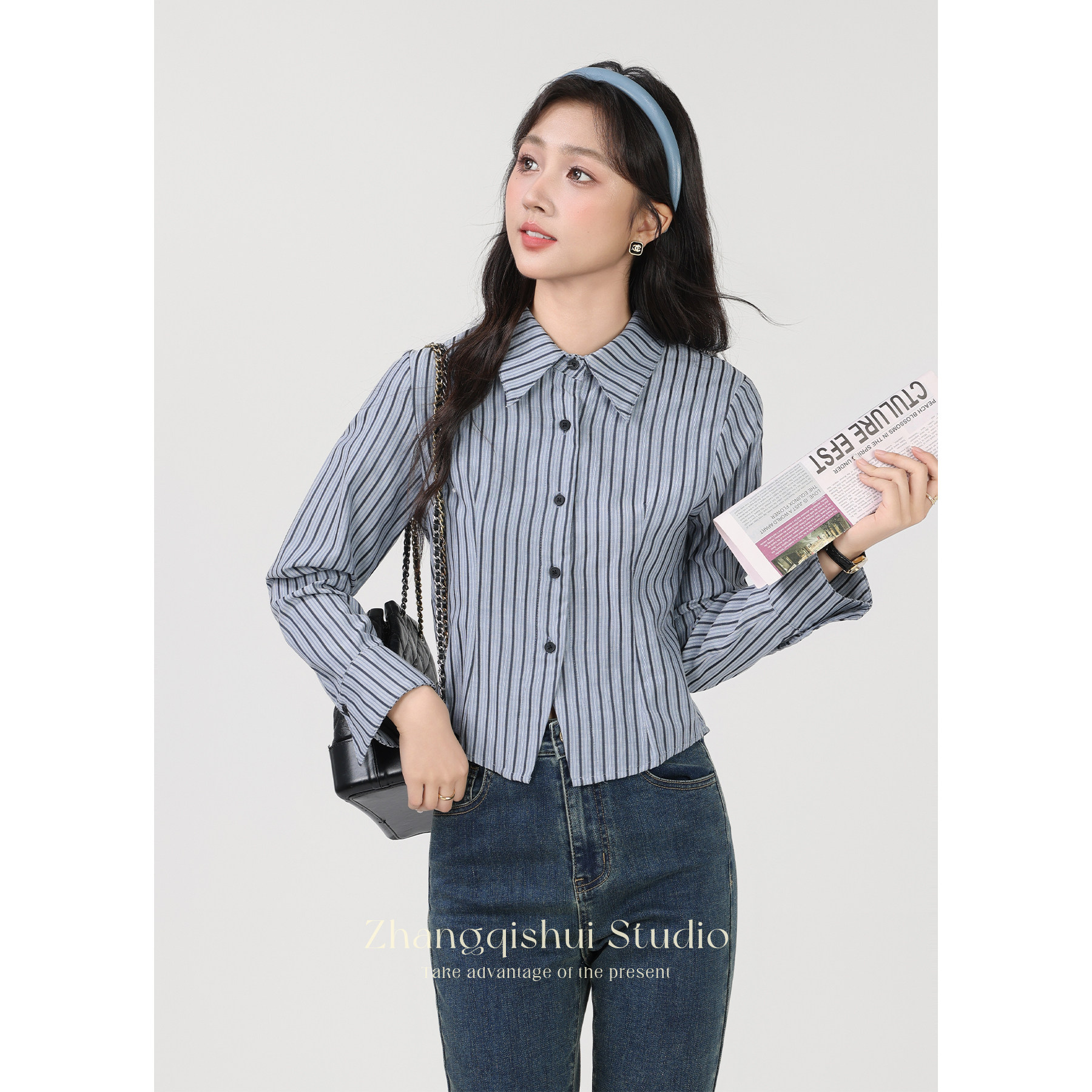 张汽水蓝色条纹衬衫女学院风修身气质长袖小上衣Z11923