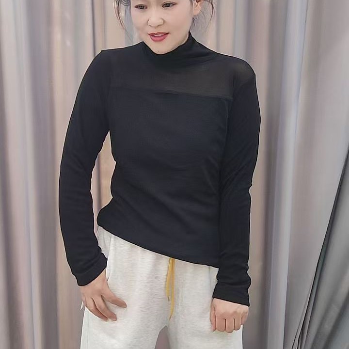 (郑州银基)半高领网纱黑色加绒打底衫女长袖T恤内搭洋气修身
