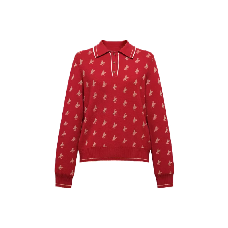 TY-【天邑严选】翻领新年红个性小马图案针织衫毛衣9566A