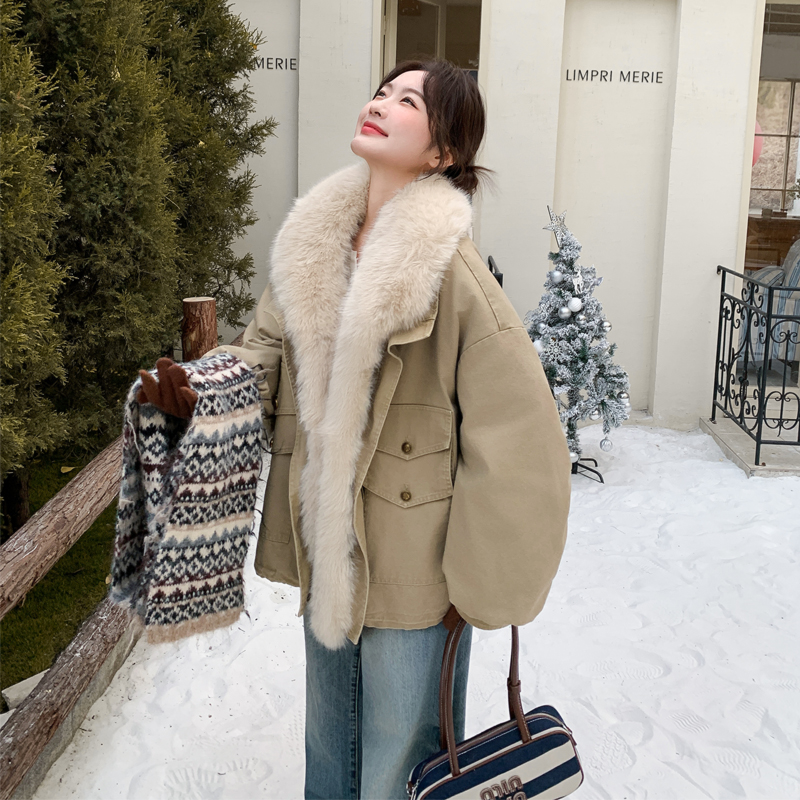 卡其色韩系大毛领派克羽绒服女2025冬高级感保暖厚实90白鸭绒外套