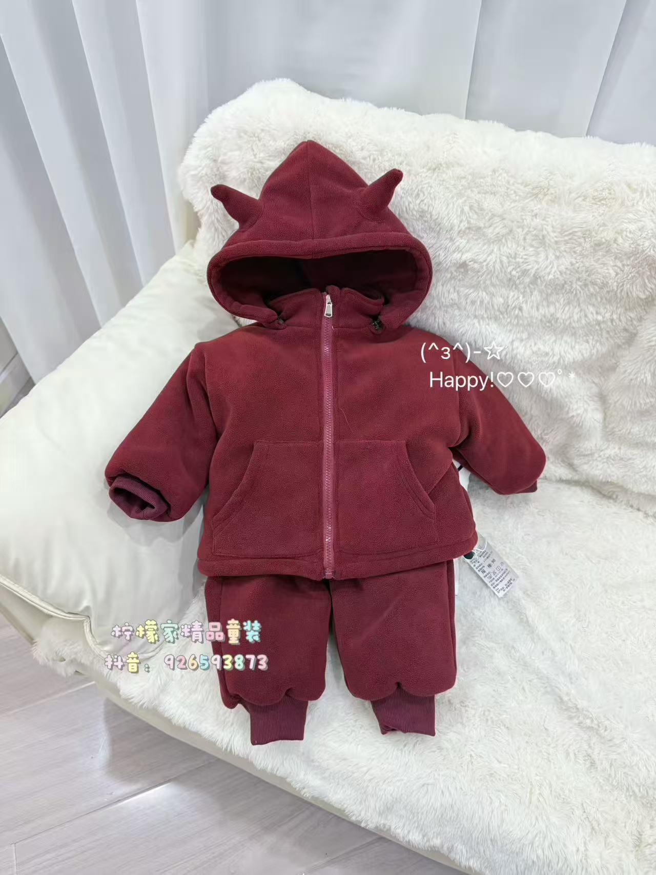 男童女童套装纯色加绒加厚冬季套装儿童加绒韩版连帽套装加厚衣服