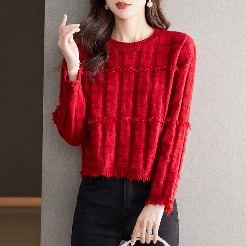 短款毛衣女春秋季2024新款时尚小个子洋气流苏宽松针织打底衫