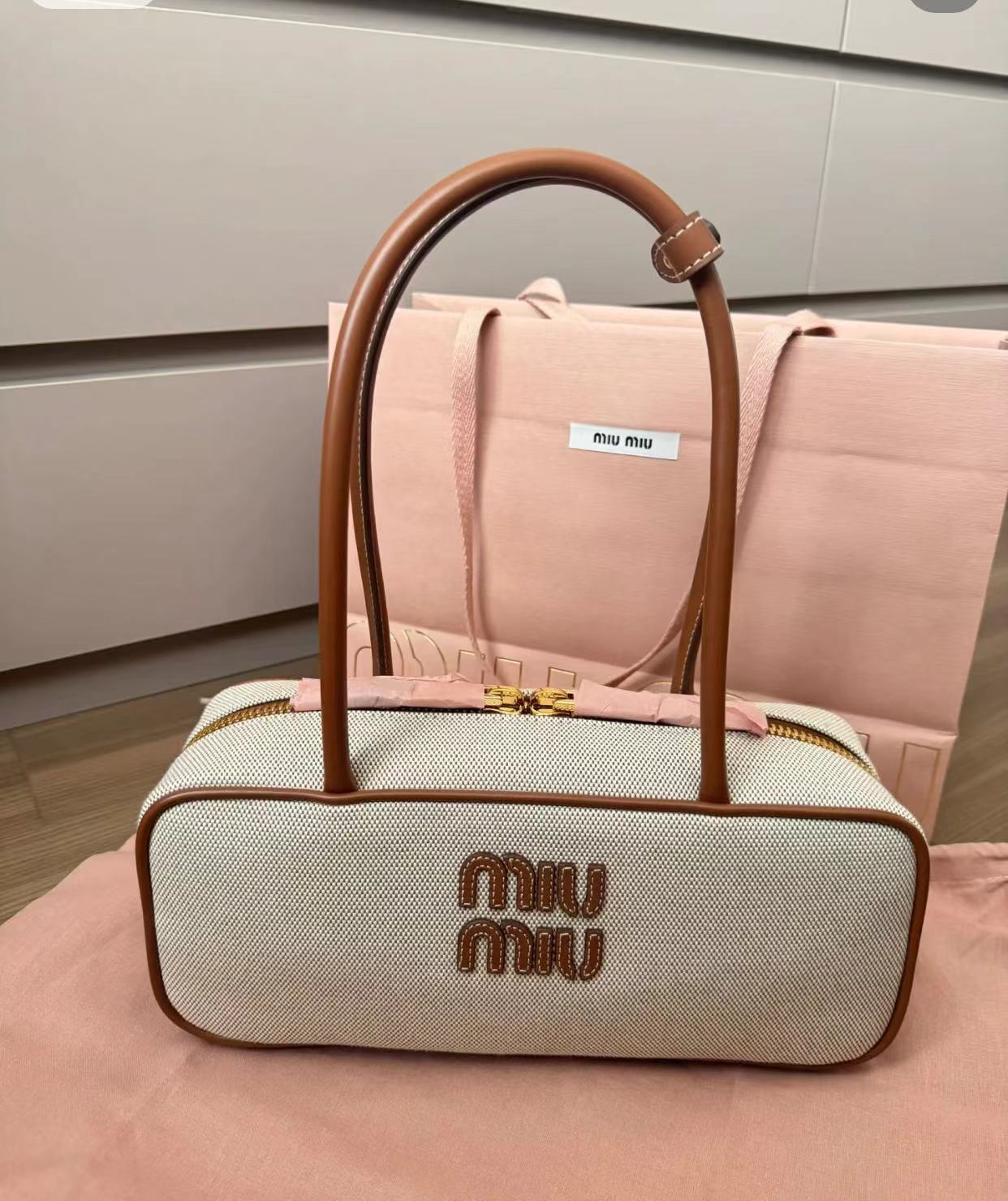 95新 MIU MIU/缪缪 金棕拼色公文包小号28cm  15967928